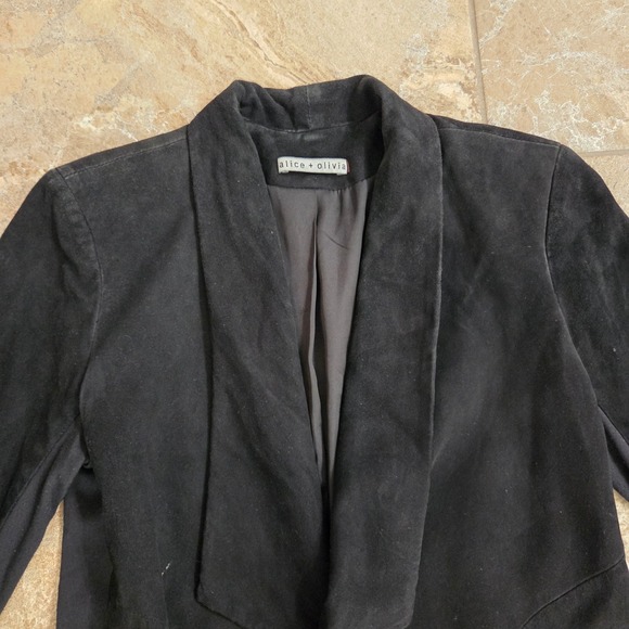 Alice + Olivia Black Goat Leather Suede Draped Open Front Cropped Jacket Small - Picture 3 of 8